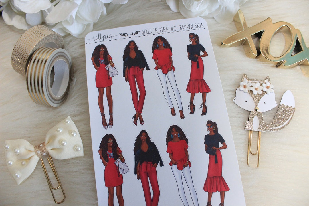 Mini Girls in Pink #2, Brown Skin, Fashion Stickers - Etsy