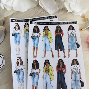 Mini Girls in Denim #2, ESCOLHA SUA OPÇÃO, Adesivos de Moda, Adesivos de Planner