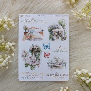Primavera de cabaña suave, decoración de planificador, pegatinas de planificador, pegatinas de diario, pegatinas