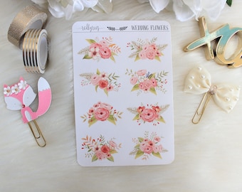 May include: A sheet of stickers with eight floral designs. Each sticker features a bouquet of pink and white flowers with green leaves. The sheet is labeled "redlyrig - WEDDING FLOWERS".