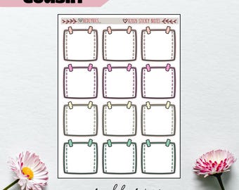May include: A sheet of sticky notes with a grid of twelve rectangular notepads. Each notepad is outlined in black with a dotted border and a small clip at the top. The colors of the clips are pink, yellow, and green. The text "H2026 STICKY NOTES" is at the top.