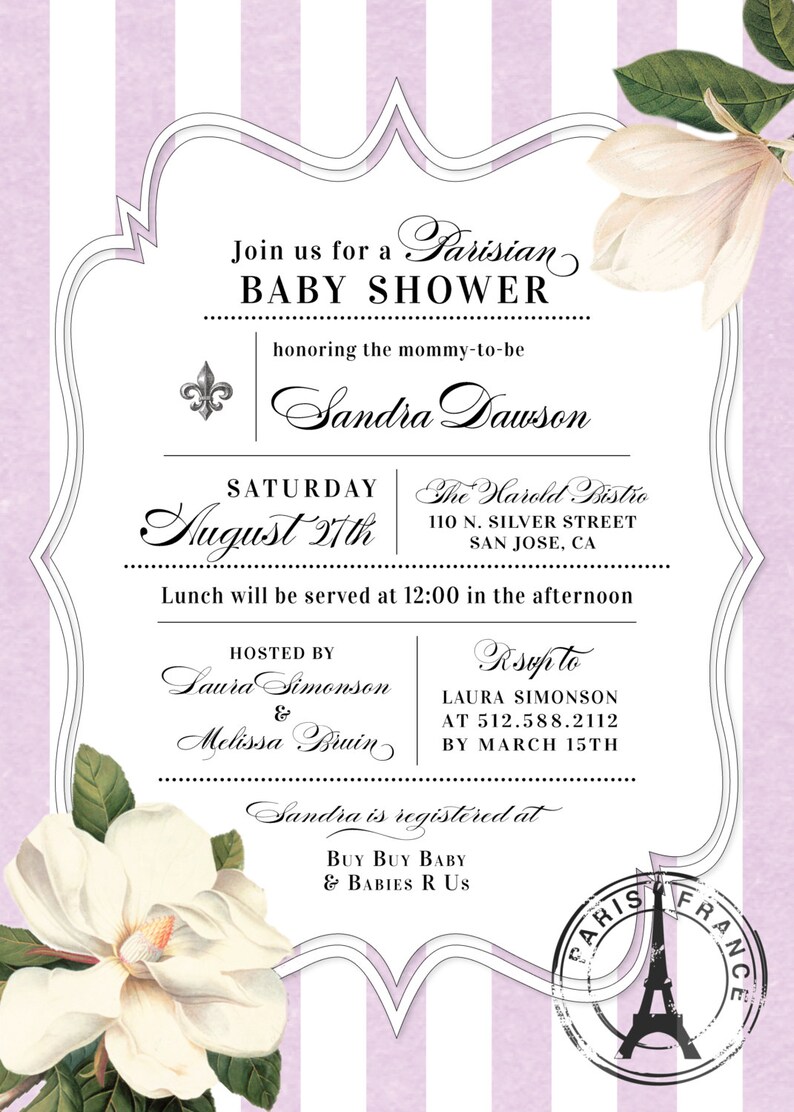 Parisian French Baby Shower Invitations Paris France Etsy