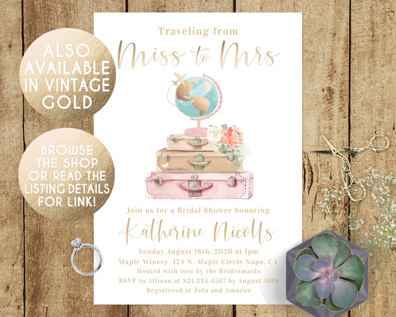 Travel Bridal Shower Rose Gold Invite Journey Luggage Editable Template Instant Download Traveling from Miss to Mrs Destination Wedding