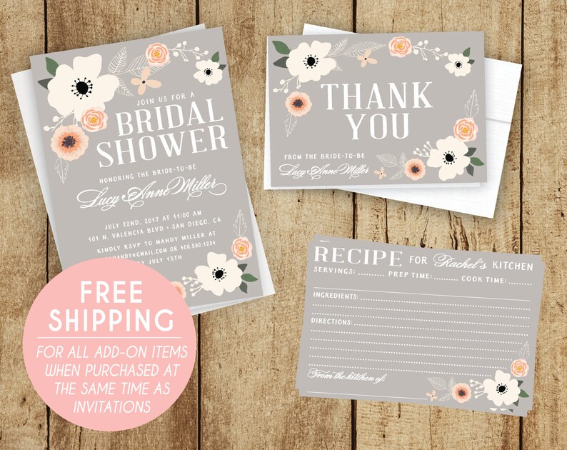 4 x 6 Blue Blush Pink FREE CUSTOM COLORS Vintage Style Floral Bridal Shower Recipe Cards Peach Chic Gray Printed Notecard