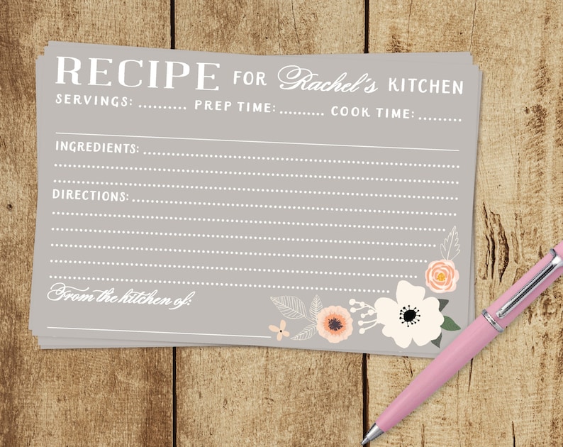 4 x 6 Blue Blush Pink FREE CUSTOM COLORS Vintage Style Floral Bridal Shower Recipe Cards Peach Chic Gray Printed Notecard
