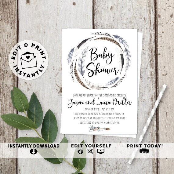 Boho Baby Shower Invites Tribal Bohemian Feather Invitation Modern Rustic Girl Boy Gender Neutral Editable Template Instant File