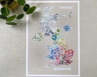 A3 Fine Art Giclée Print of a Map of the UK, Sewn in Liberty Tana Lawns