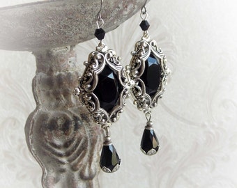Black Crystal Dangle Earrings: Gothic Victorian Aged Silver Jewelry