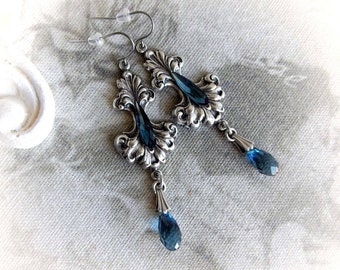 Baroque blue Swarovski earrings indigo denim blue dangling earrings filigree old silver blue earrings antique silver engagement gift for her