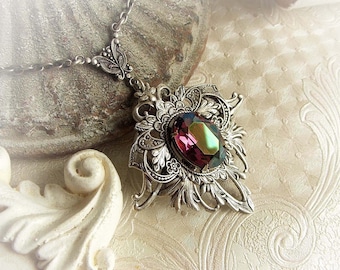 Romantic Fleur de Lys lilac Swarovski crystal necklace medieval aged silver floral necklace victorian baroque gothic necklace