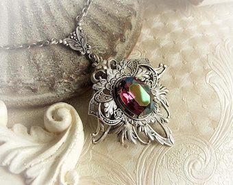 Lilac Crystal Fleur de Lys Necklace: Aged Silver Gothic Pendant Necklace
