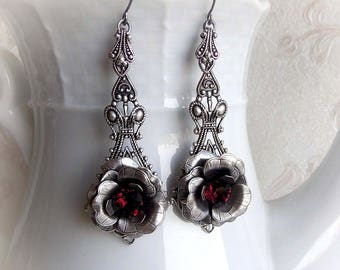 Silver flower earrings Swarovski crystal burgundy earrings neo victorian gothic bridal earrings antique silver filigree rose flower earrings