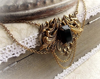 Renaissance Black Crystal Choker: Aged Brass Medieval Floral Collar