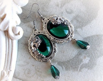 Emerald Angel Earrings: Gothic Baroque Silver Dangle Earrings