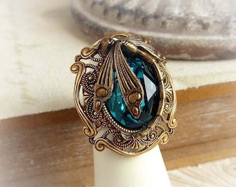 Ocean blue dragonfly Swarovski crystal ring victorian vintage ring turquiose blue ring antiqued bronze dragonfly ring fantasy filigree ring