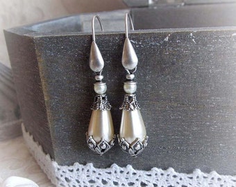 Creamy Teardrop Earrings: Baroque Bridal Aged Silver Jewelry
