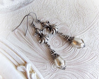 Victorian Pearl Dangle Earrings: Antique Silver Ornate Bridal Jewelry