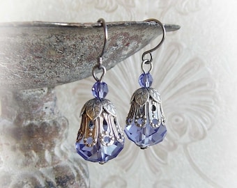 Lavender purple floral Swarovki crystal earrings neo victorian aged silver lilac earrings vintage bridal purple earrings engagement earrings