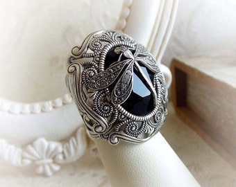 Dragonfly black gothic ring Swarovski crystal victorian ring fantasy ring antique silver medieval ring gothic baroque ring statement ring