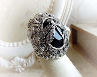 Dragonfly Black Crystal Ring: Gothic Victorian Silver Statement Ring