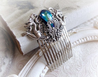 Ocean Blue Crystal Hair Comb: Medieval Dragon Silver Gothic Accessories