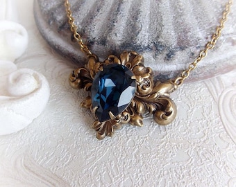 Blue Swarovski crystal necklace rococo baroque aged brass necklace indigo blue antiqued gold victorian necklace bridal montana blue necklace