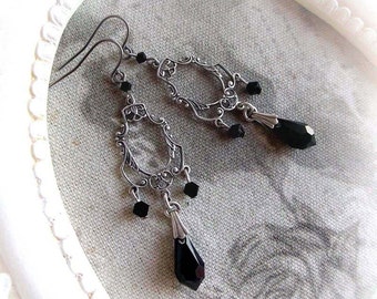 Black Crystal Chandelier Earrings: Victorian Gothic Bridal Jewelry