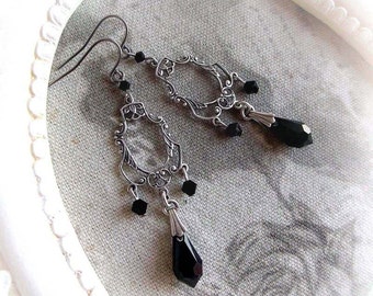 Black Swarovski crystal chandelier earrings victorian gothic earrings baroque renaissance earrings black antiqued silver bridal earrings