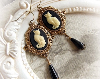 Gothic cat cameo earrings gothic victorian steampunk earrings bridal earrings dangling cat earrings hanging cameo earrings romantic earrings