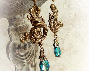 Ocean Blue Crystal Teardrop Earrings: Antiqued Brass Neo Victorian Style