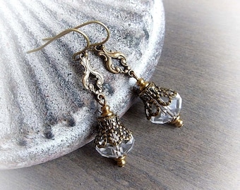 Victorian Crystal Dangle Earrings: Antiqued Brass Filigree Jewelry