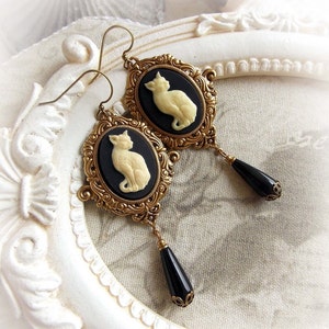 Gothic cat cameo earrings gothic victorian steampunk earrings bridal earrings dangling cat earrings hanging cameo earrings romantic earrings