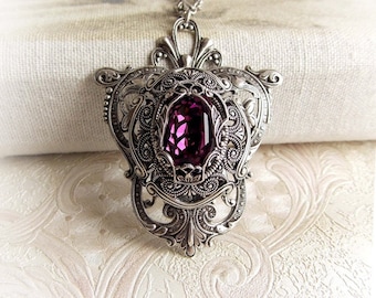 Gothic Amethyst Crystal Necklace: Baroque Silver Pendant Necklace Renaissance Jewelry