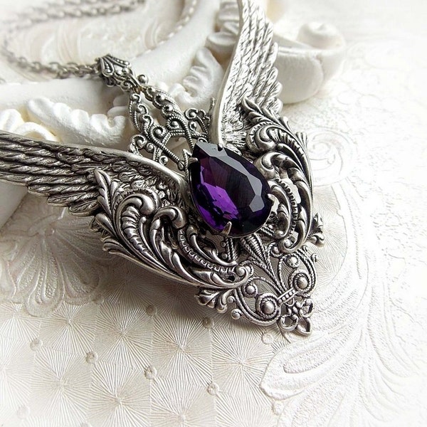 Winged gothic necklace medieval fantasy winged purple jewel pendant victorian amethyst purple crystal pendant ornate necklace gift for her