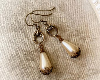 Victorian Pearl Drop Earrings: Antique Brass Dangle Earrings