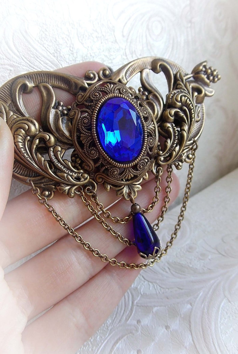 Royal Blue Jewel Clip Medieval Hair Clip Gothic Sapphire Jewel Etsy