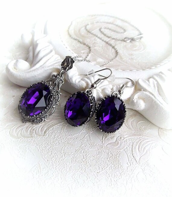 Ensemble Bijoux En Cristal Véritable Violet – Pendentif Et Boucles D'oreilles Argent 925 | Occasion