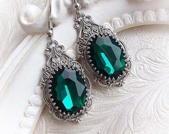 Ornate crystal earrings victorian earrings gothic dangling baroque earrings emerald jewel earrings renaissance bridal bridesmaid earrings