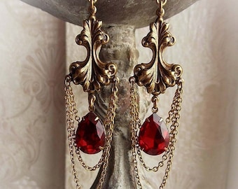 Baroque Dangle Earrings: Antiqued Brass, Ruby Red Crystal Bridal Jewelry