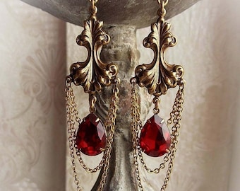 Antiqued brass dangle earrings with red jewels baroque renaissance earrings ruby red crystals hanging bridal antique gold red earrings