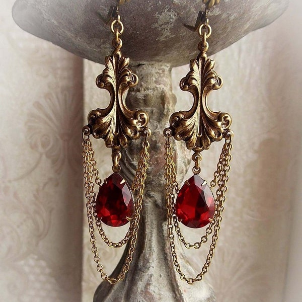 Antiqued brass dangle earrings with red jewels baroque renaissance earrings ruby red crystals hanging bridal antique gold red earrings