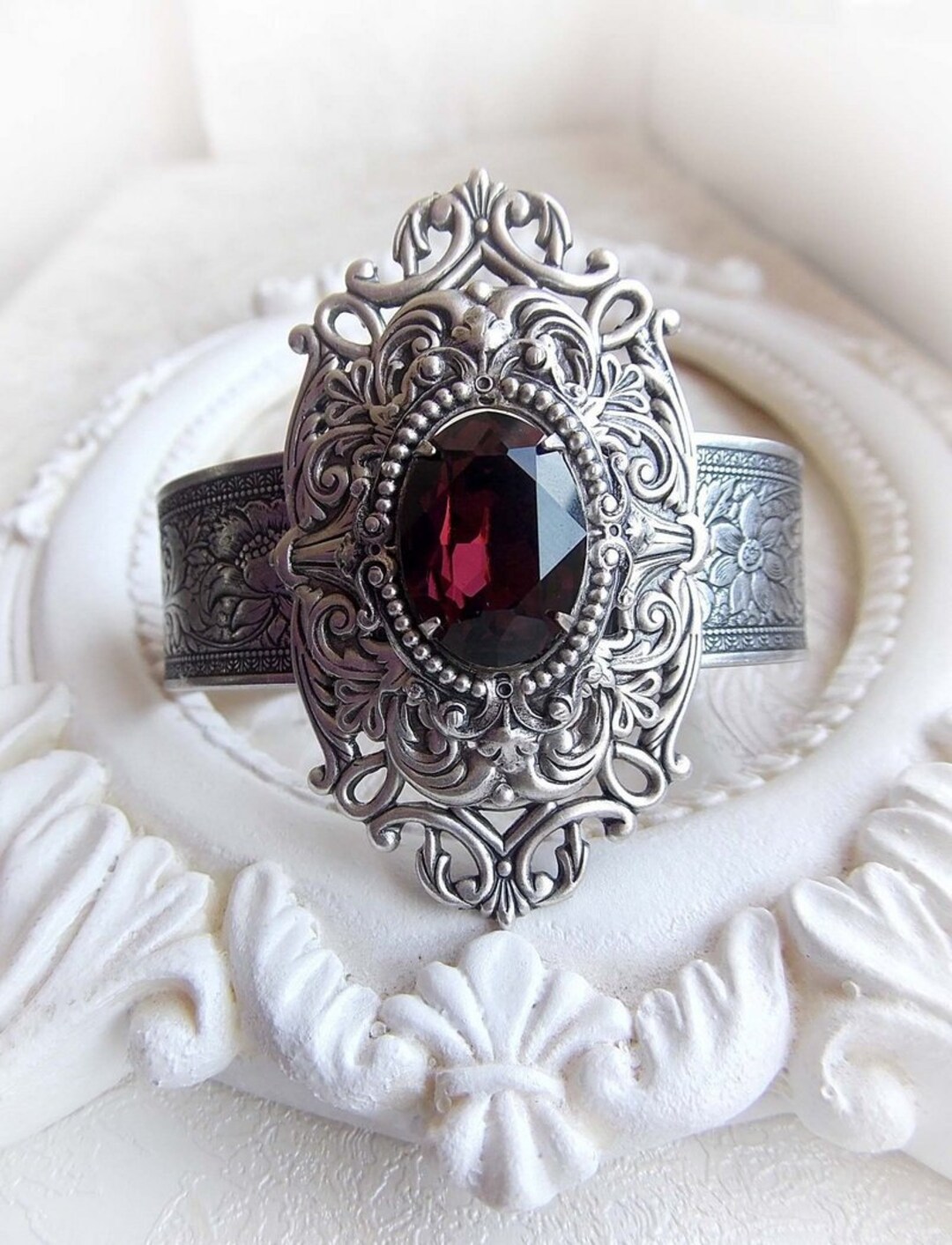 Gothic Medieval Burgundy Crystal Cuff Bracelet Victorian Vintage