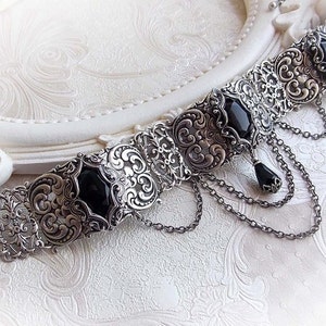 Gothic Black Crystal Choker: Aged Silver Victorian Filigree Statement