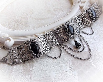 Gothic Black Crystal Choker: Aged Silver Victorian Filigree Statement