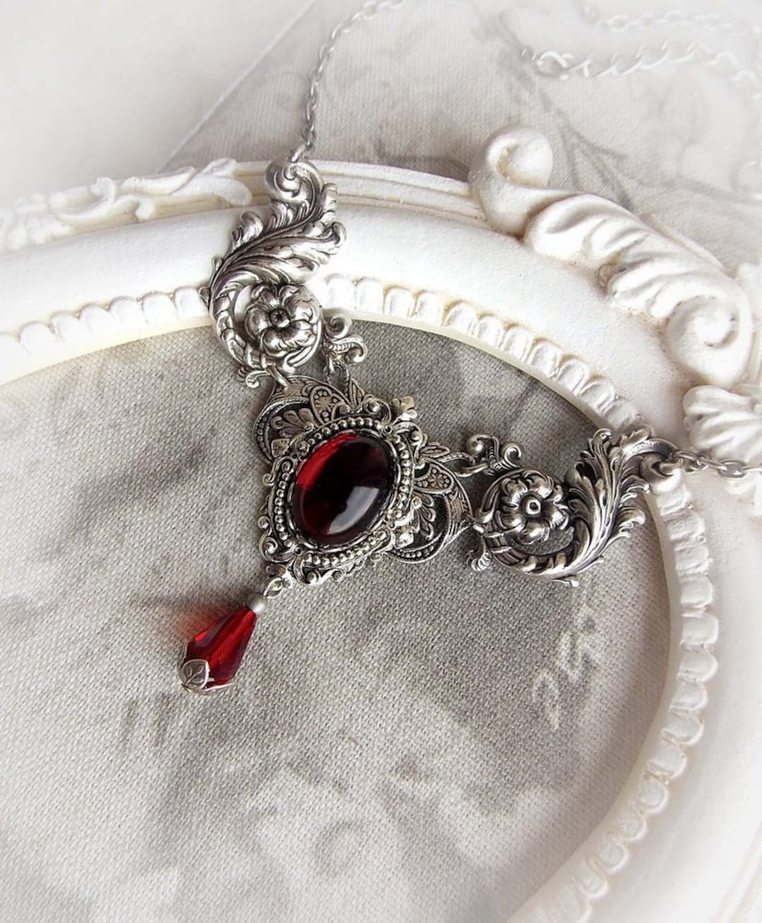 Red Gothic Necklace Deep Red Jewel Choker Victorian Baroque