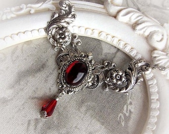 Garnet Red Gothic Choker: Victorian Baroque Necklace, Silver Plated Brass
