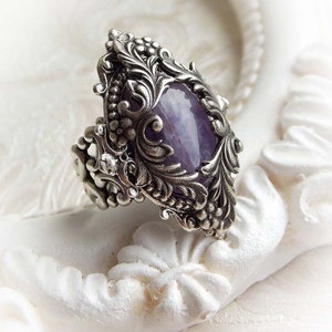Gothic victorian ornate ring with amethyst gemstone baroque renaissance ring elegant statement cocktail ring romantic bridesmaid ring gift