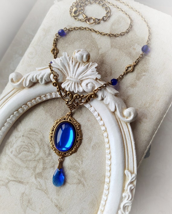 Cobalt Blue Necklace Gothic Victorian Necklace Antique Gold Ornate