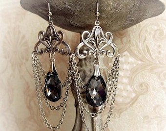 Chandelier silver Swarovski crystal earrings gothic earrings bridal silver earrings baroque filigree victorian  earrings engagement earrings