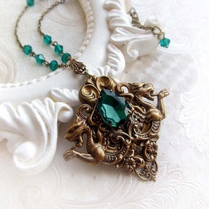 Aged Brass Emerald Necklace -  Mythology Inspired Gothic Jewelry, Vintage Statement Pendant, Antique Brass Green Gem Gift